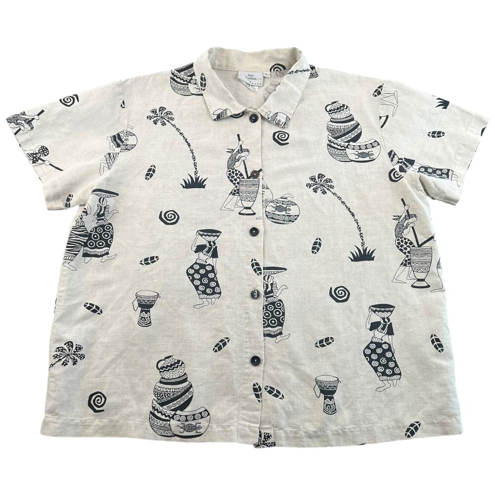 Vintage 90s Hot Cotton by Marc Ware Folk Art Print Linen Blend Shirt - L